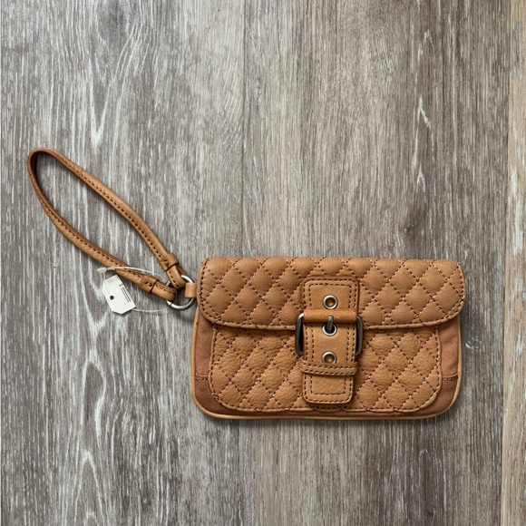 Y2K Old Navy Camel Quilted Buckle 100% Cowhide Leather Cotton Wristlet - Picture 1 of 8